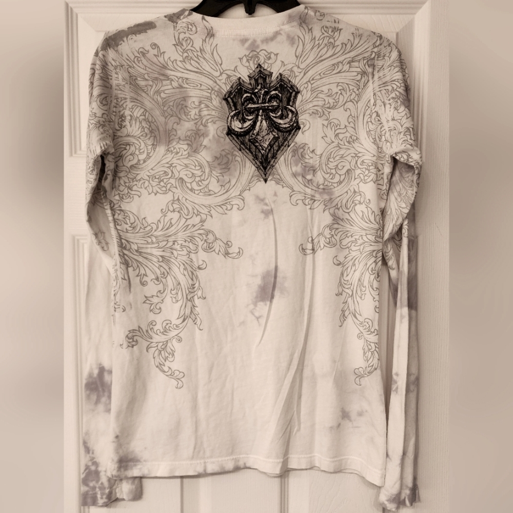 Affliction Fleur Shield lpng sleeve graphic embellished T-Shirt size XS - Picture 5 of 11